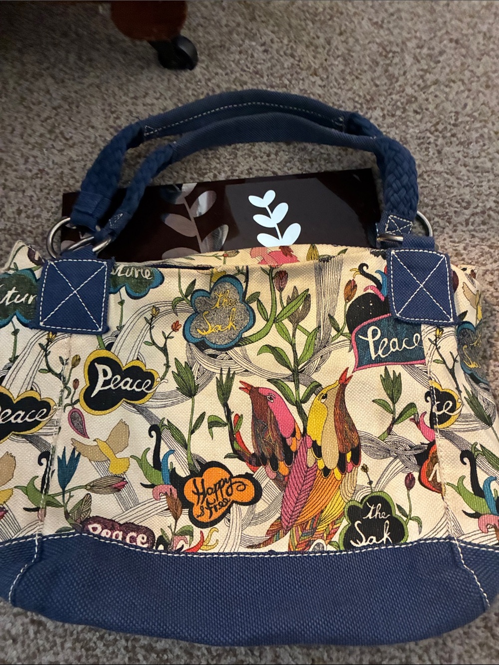 Sakroots Multicolor Bird & Floral Canvas Tote with Blue Trim